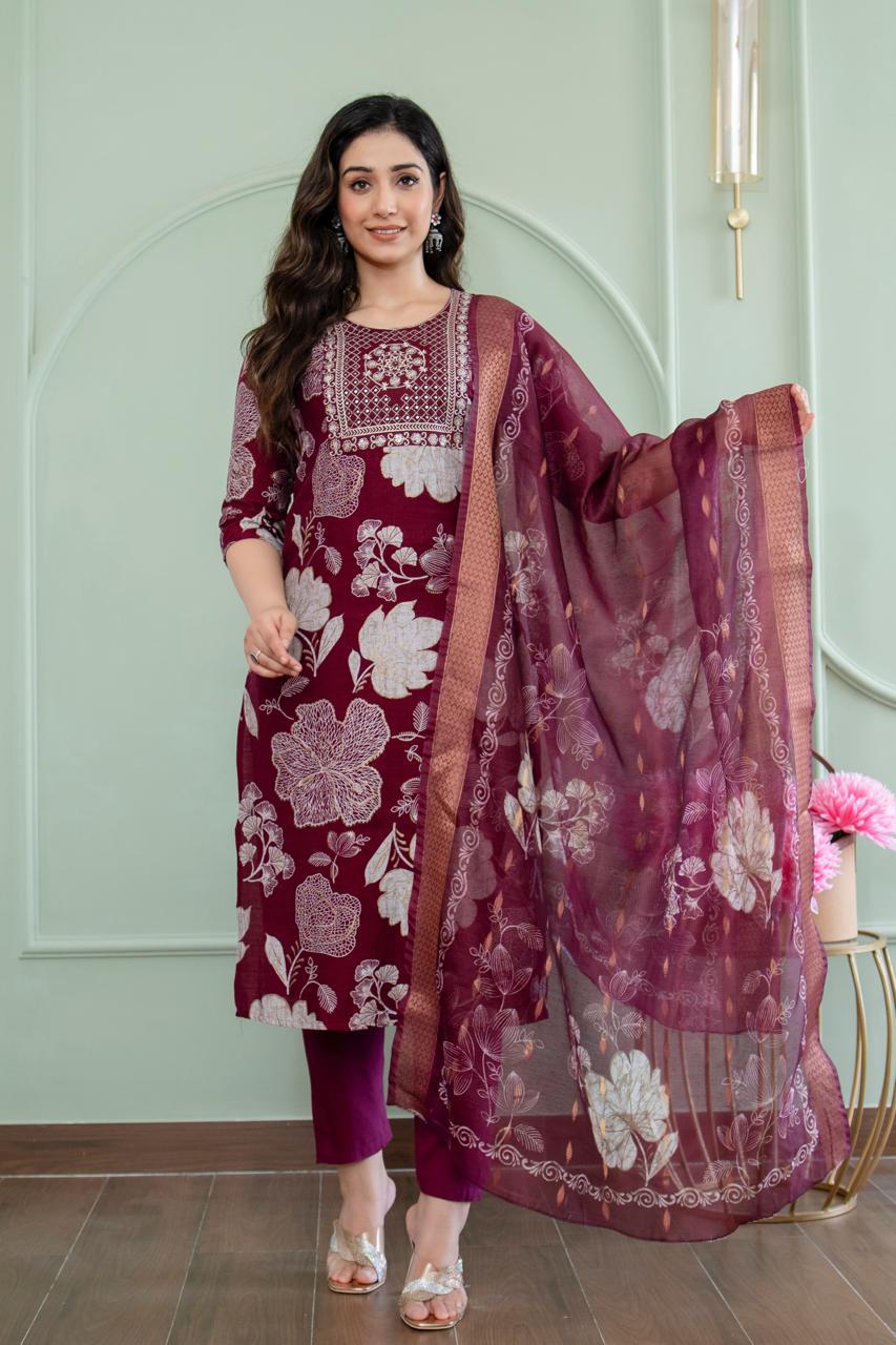 Regal Maroon Printed Salwar Suit with Intricate Yoke Embroidery