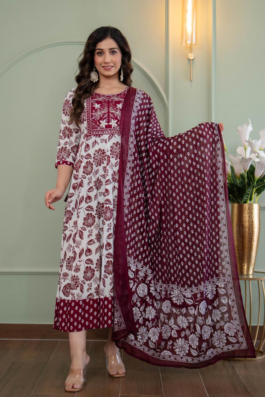 White & Maroon Floral Print Flared Kurta with Designer Dupatta