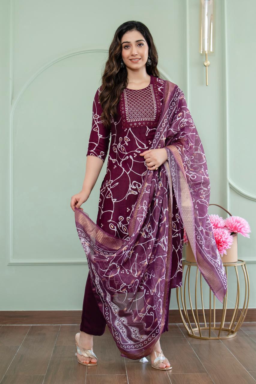 Vibrant Wine-Hued Kurta Set with All-Over Abstract Print
