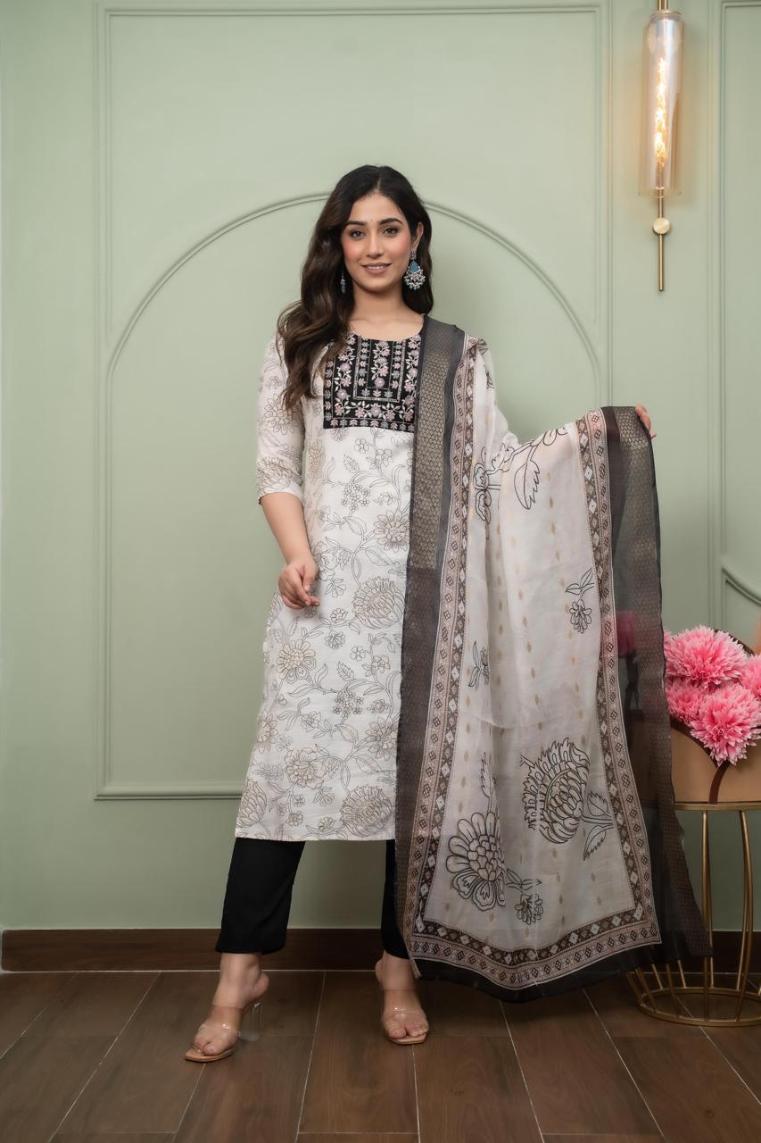 Elegant White and Black Printed Kurta with Statement Yoke