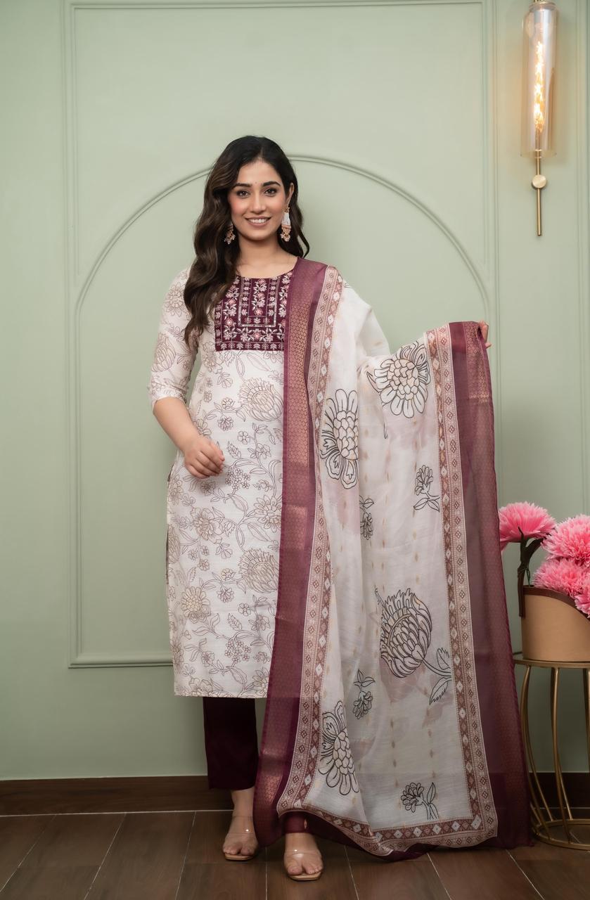 White & Maroon Floral Print Salwar Suit with Maroon Dupatta
